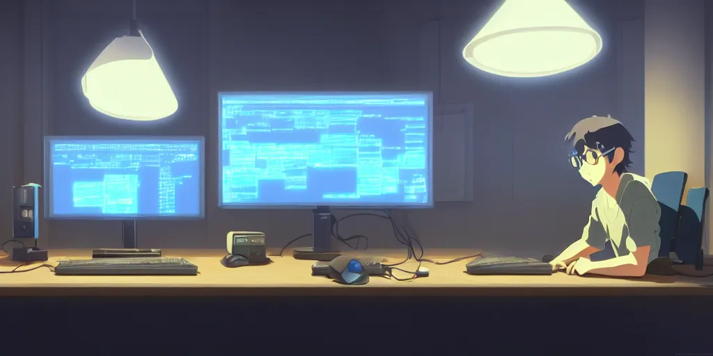 Image similar to a nerdy boy is programming at a computer in a room full of gadgets, by makoto shinkai and ghibli studio, dramatic lighting, highly detailed, incredible quality, trending on artstation