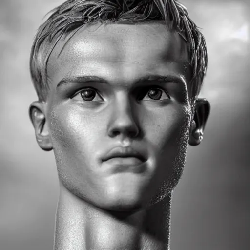 Image similar to a realistic detailed photo of a guy who is an attractive humanoid who is half robot and half humanoid, who is a male android, soccer player martin ødegaard, shiny skin, posing like a statue, blank stare, in a living room, on display, showing off his muscles