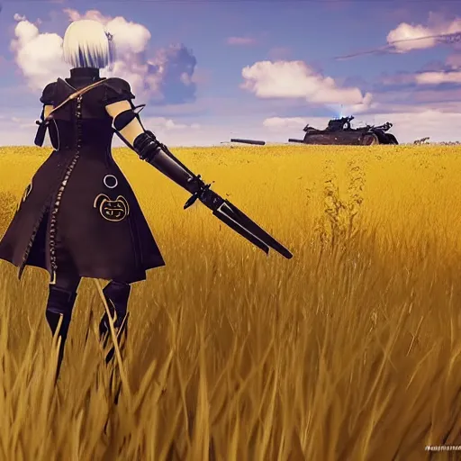 Image similar to russian tank boss fight from nier : automata in yellow rye field under pure blue skies