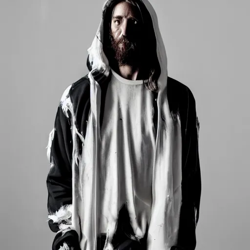 Image similar to a full body lookbook portrait of modern - day jesus wearing virgil abloh off - white menswear collection by nicola samori, hat and hoodie, detailed, oil painting, hyper - realistic, 8 k, off - white collection