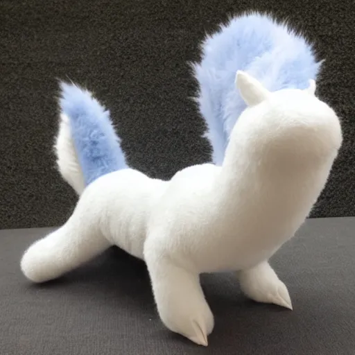 Image similar to white furry dragon with a blue neck mane, 2 grey horns from a 3/4ths angle
