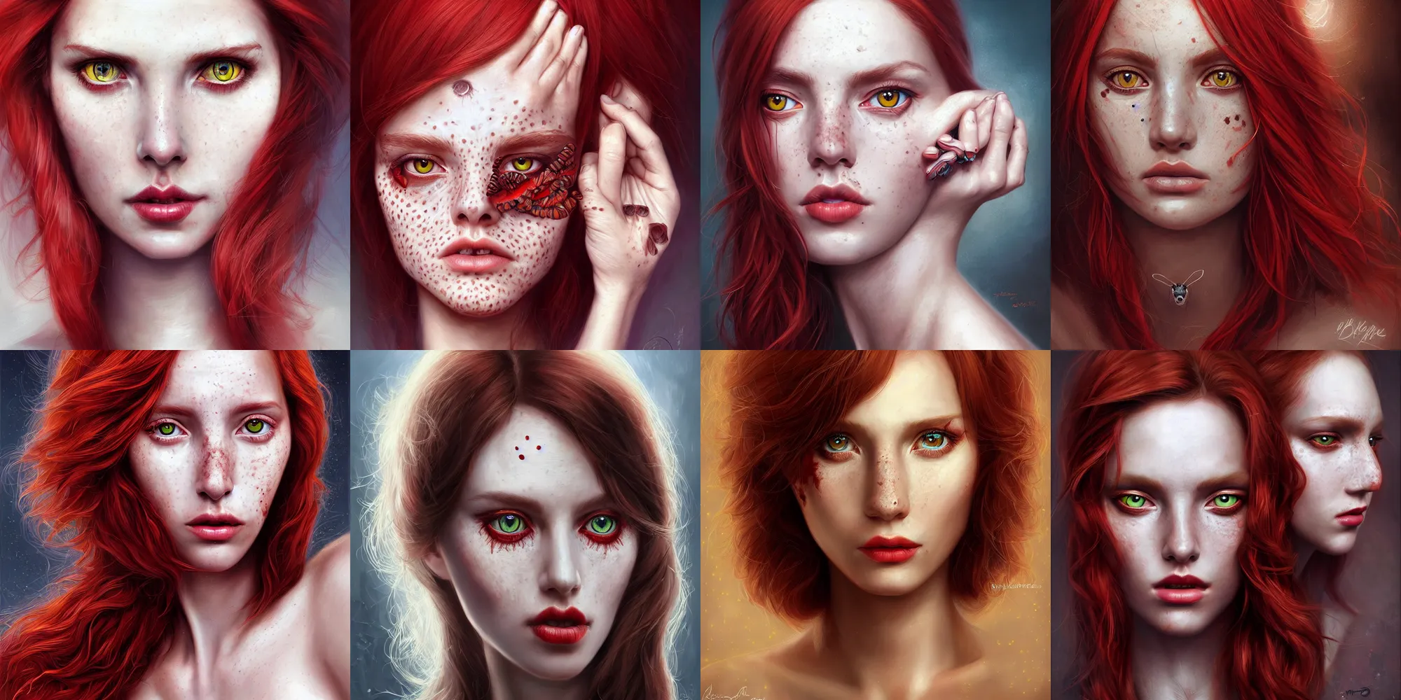 Prompt: portrait young beautiful!!! symmetric woman, hypnotic ( ( ( owl ) ) ) eyes, red hair, freckles, ( ( ( ( insect ) ) ) ) digital painting, lots of details, extremely detailed, 4 k, intricate, brush strokes, mark arian, artgerm, bastien lecouffe - deharme