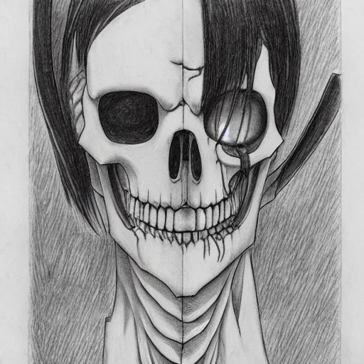 Prompt: A anime still of a grim reaper by Takeshi Obata, skeleton face symmetrical face,pencil art on paper