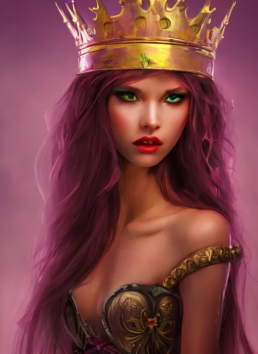 Prompt: mysterious evil princess with long hair and a crown, vivid colors, fantasy, elegant, concept art, sharp focus, beautiful face!!, digital art, Hyper-realistic, 4K, Unreal Engine, Highly Detailed, HD, Dramatic Lighting by Brom, trending on Artstation