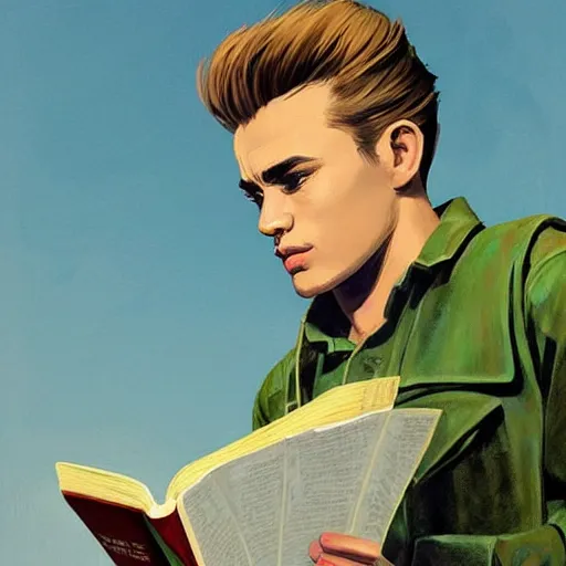 Image similar to a highly detailed epic cinematic concept art CG render digital painting artwork costume design: young James Dean as a well-kept neat mechanic in 1950s USSR green dungarees and big boots, reading a book. By Greg Rutkowski, Ilya Kuvshinov, WLOP, Stanley Artgerm Lau, Ruan Jia and Fenghua Zhong, trending on ArtStation, subtle muted cinematic colors, made in Maya, Blender and Photoshop, octane render, excellent composition, cinematic atmosphere, dynamic dramatic cinematic lighting, aesthetic, very inspirational, arthouse