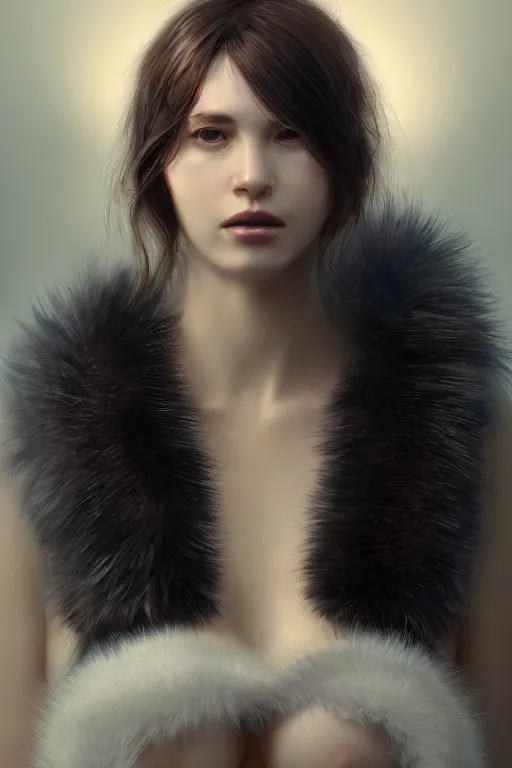 Image similar to A fancy portrait of an attractive women with fur Under garments by Greg Rutkowski, beeple, Sung Choi, Mitchell Mohrhauser, Maciej Kuciara, Johnson Ting, Maxim Verehin, Peter Konig, final fantasy, macro lens , 8k photorealistic, cinematic lighting, HD, high details, dramatic, dark atmosphere, trending on artstation