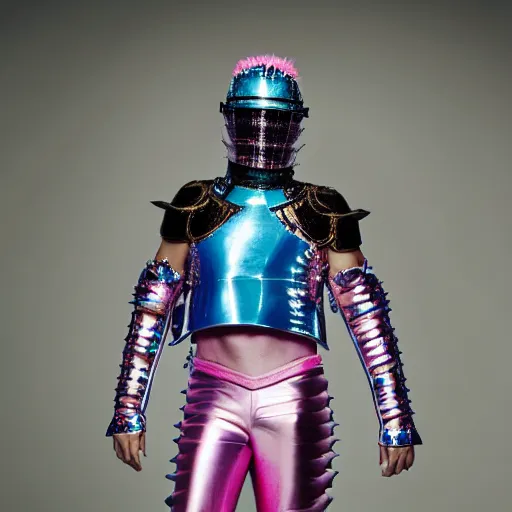 Image similar to a portrait of a beautiful young male wearing an alexander mcqueen armor made of pink and blue ombre metal , photographed by andrew thomas huang, artistic