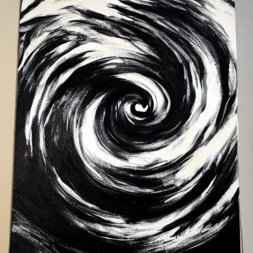 Image similar to mysterious time traveler, painted in black and white, swirls