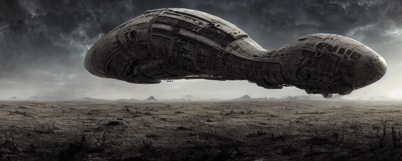 Image similar to a large organic like spaceship landing on a barren dry land with an epic cloud formation on the background by HR GIger, Dariusz Zawadzki, Neil blevins, Feng Zhu, gustave doré, zhuoxin ye, very detailed, octane render, 8k, oranate and brooding, scary and dark, canon 24mm lens