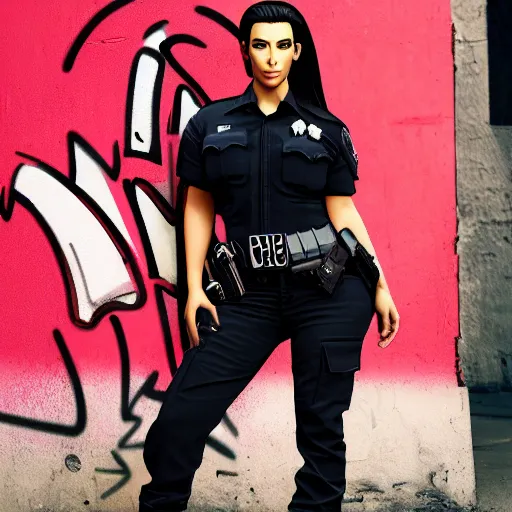 Prompt: Kim kardashian, outfit: cop, full shot, leaning against a wall, graffiti, realistic, hyperrealistic, highly detailed, very detailed, 8k resolution, real life, HD quality, dramatic, city quality lighting