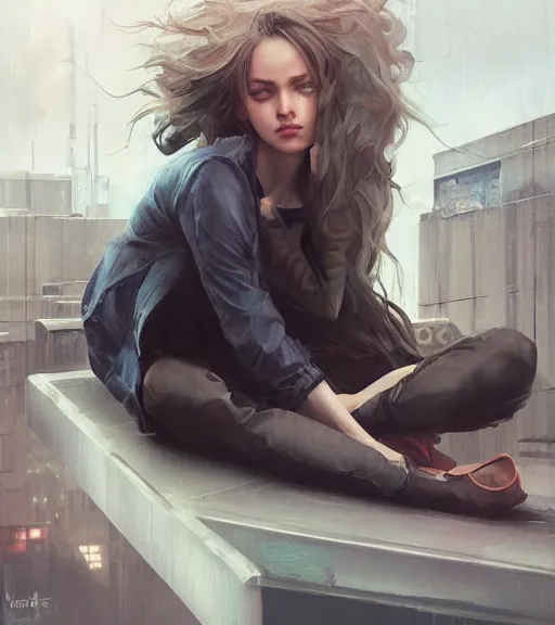 Prompt: girl sitting on a rooftop, cyberpunk, medium shot, realistic detailed face, wearing a shirt, by charlie bowater, by wlop, by jeremy lipking, expressive oil painting, portrait, digital art, photorealistic model shoot, realistic body