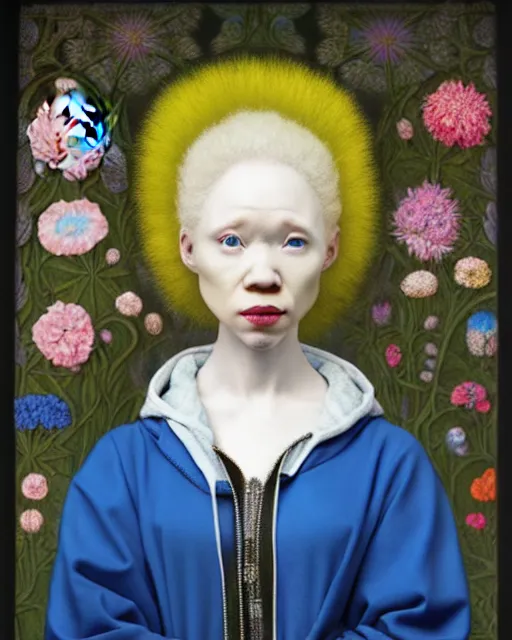 Image similar to portrait of a woman with albinism, wearing a neon blue hoodie, standing in a botanical garden full of flowers, intricate details, high detail, in the style of rogier van der weyden and jacopo da pontormo, by mark ryden, punk, asian art,