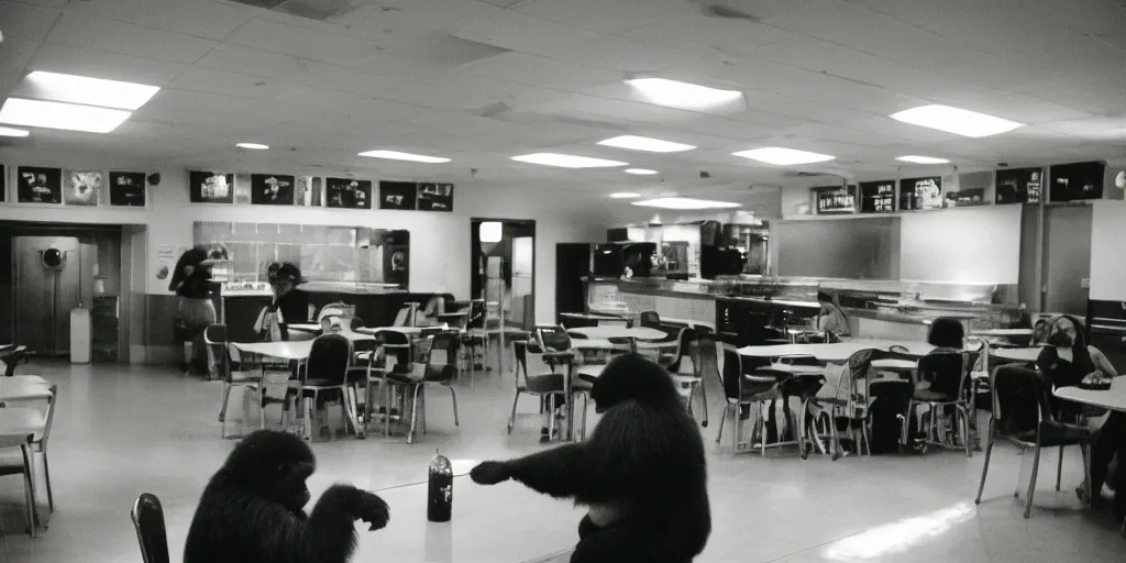 Image similar to big silverbaaack gorilla in cafeteria lunchroom, indoor lighting, 3 5 mm disposable camera