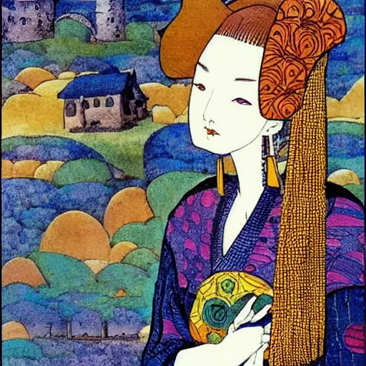 Image similar to interesting maximalist elaborate portrait of a beautiful medieval girl, in the style of kawase hasui and paul klee HD