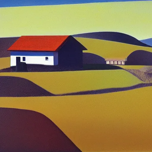 Image similar to dreaming futuristic rural landscape with modern houses, painted by Alex Katz and Edward Hopper, airbrush