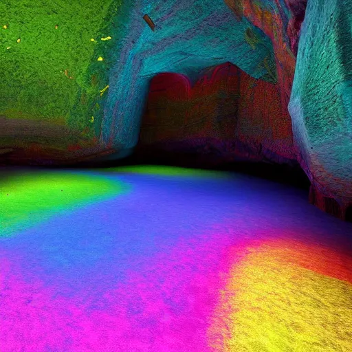 Prompt: rainbow colored caves lead to a rainforest, highly detailed digital art, artstation, cfg = 3