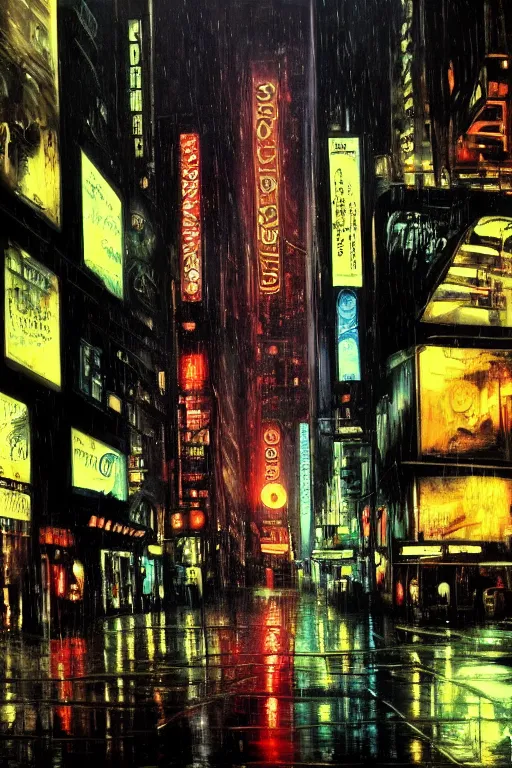 Prompt: Blade Runner City by Caravaggio, neon lights, raining, oil painting, renaissance style