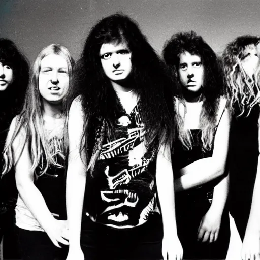 Prompt: Group of 19-year-old women holding electric guitars, long shaggy hair, permed hair, doom metal, punk rock, SST, band promo photo, 1987 photograph