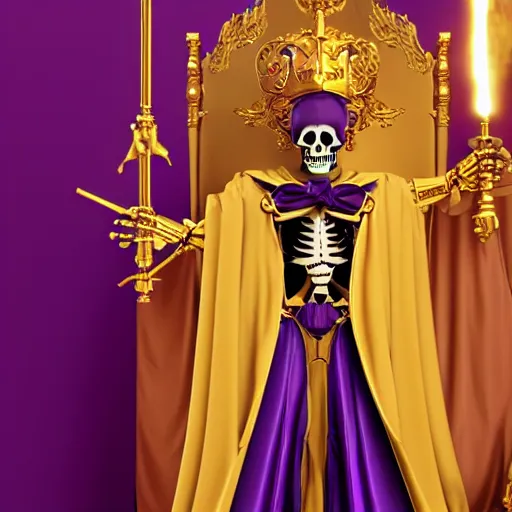 Image similar to a skeleton in a large wide purple robe, golden magical shoulder pads, in a hood, a red magic sphere in his chest, he holds a golden magic staff in his hands, stands next to a golden throne, realism, game quality, 3d render, proportions