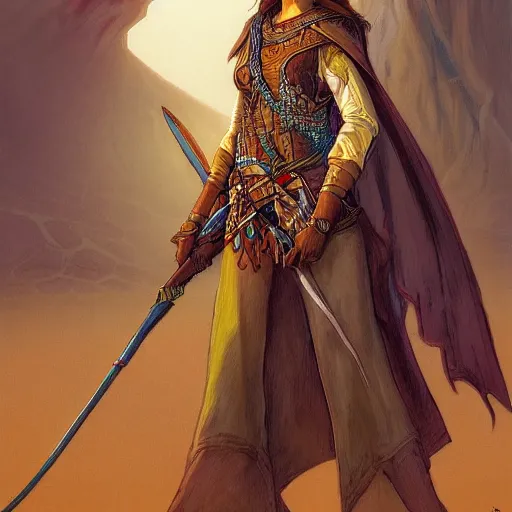 Prompt: Emeth the elven desert bandit. Arabian style. Epic portrait by james gurney and Alfonso mucha (lotr, witcher 3, dnd, dragon age).