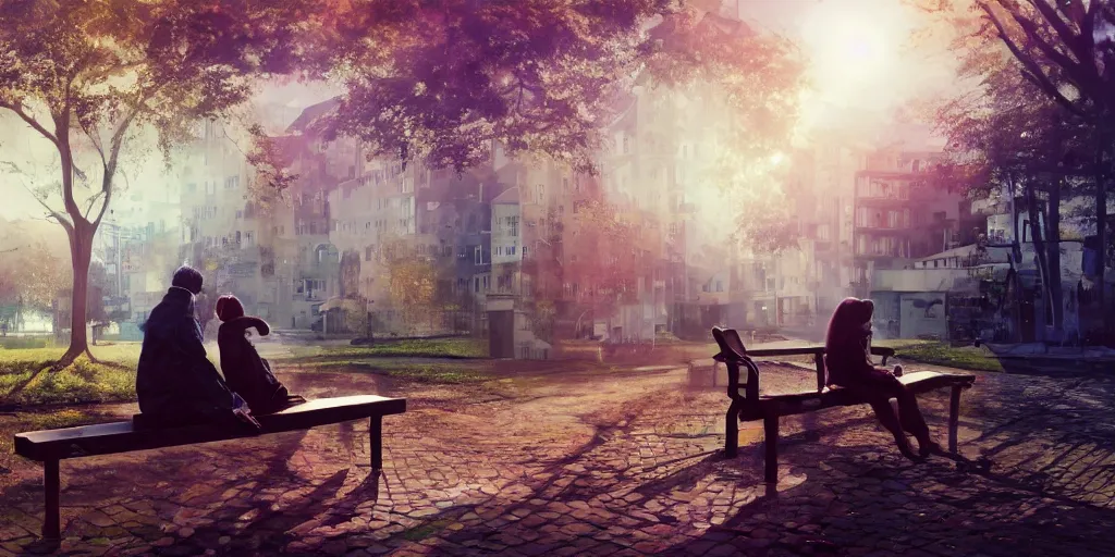 Prompt: a couple of people that are sitting on a bench, a computer rendering by Ryohei Hase, pixiv contest winner, holography, multiple exposure, pixiv, anamorphic lens flare