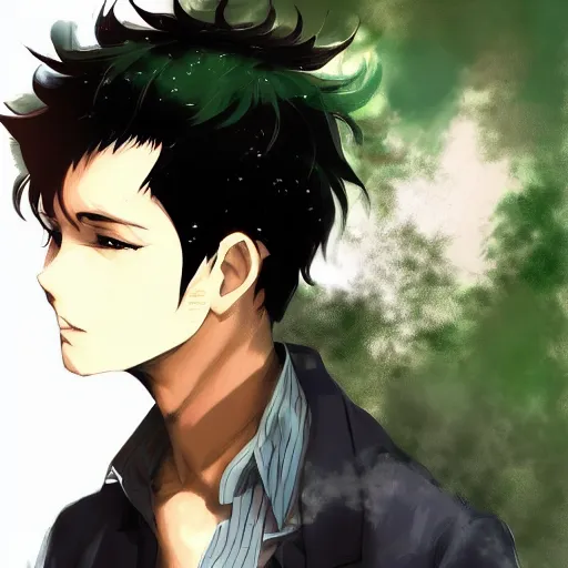 Prompt: An anime portrait of a smiling man with short curly black hair, brown eyes with green speckles, stubble, wearing a shirt, medium shot, whole head, by Stanley Artgerm Lau, WLOP, Rossdraws, James Jean, Andrei Riabovitchev, Marc Simonetti, and Sakimi chan, trending on artstation