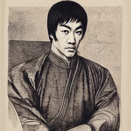 Prompt: engraving portrait of bruce lee in japanese armoury by albrecht durer