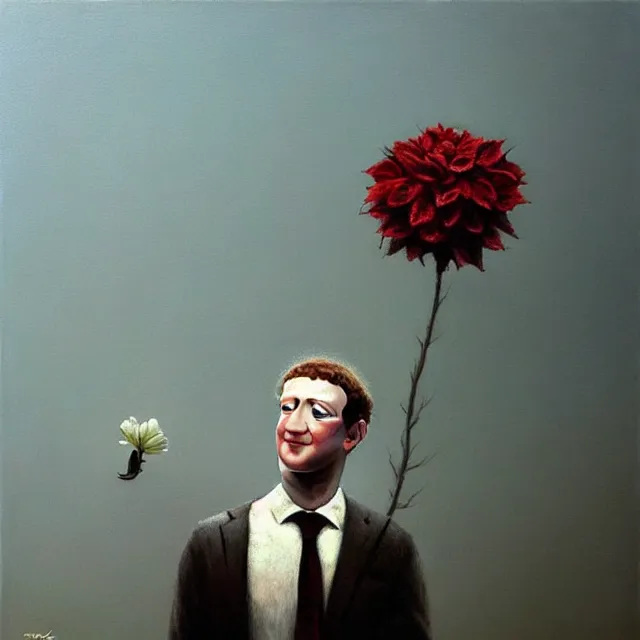 Image similar to mark zuckerberg holding a flower by Zdzisław Beksiński, trending on artstation, realistic, detailed, concept art, horror, illustration, oil painting