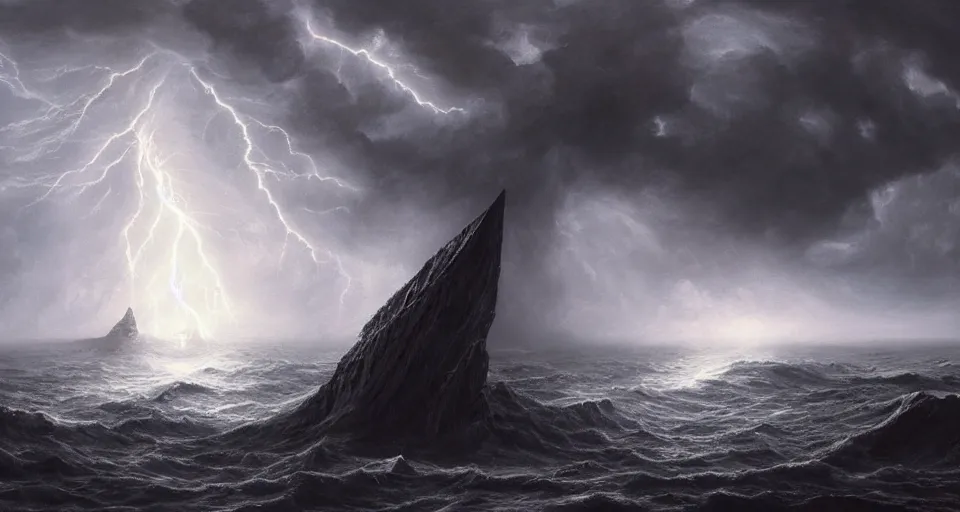 Prompt: black lovecraftian eldritch!! obsidian obelisk!! on a snowy island surrounded by raging stormy seas, with a large shadow of a creature in the background by eugene von guerard, ivan shishkin, night, red lightning!!, storm!, dramatic lighting, concept art, trending on artstation, 8 k