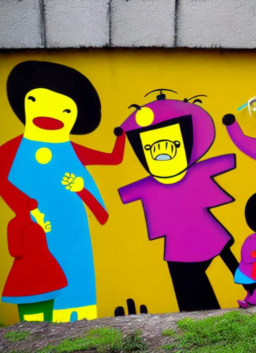 Prompt: graffiti, splash painting, happy family, by os gemeos