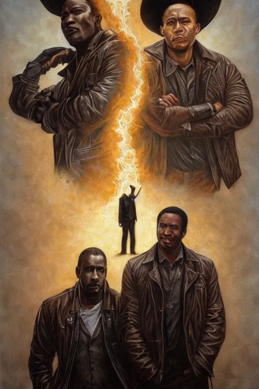 Image similar to a man in a brown leather jacket and a black man in a white shirt. in the style of of true detective fanfare. art by tomasz alen kopera and glenn fabry.