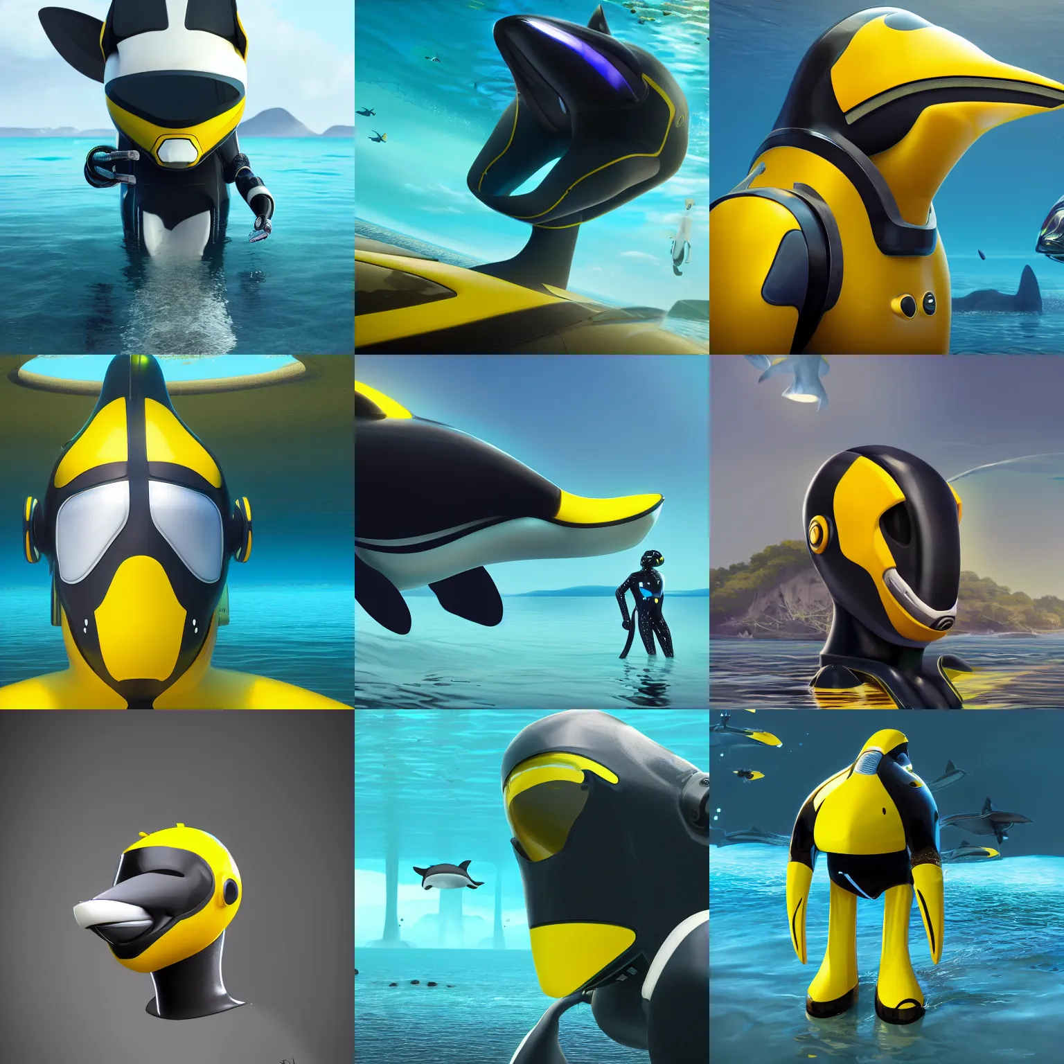 Prompt: male robotic anthro orca, visor screen for face, snout under visor, wearing a yellow wetsuit, commission on furaffinity, cgsociety, octane render, subnautica