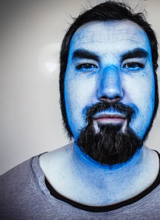 Image similar to fish eye lens close up photograph of a man with blue skin and a goatee side eyeing the camera with a sympathetic look