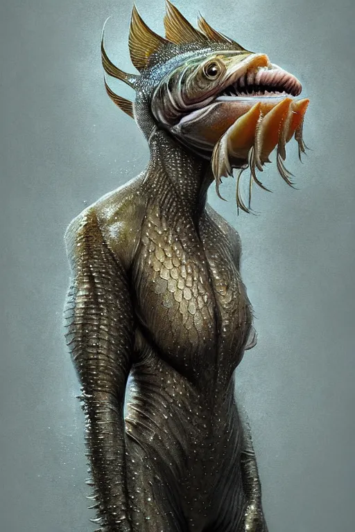 Image similar to epic professional digital art of female human - fish hybrid animal wearing air force jumpsuit, humanoid scaly fish head, fish mouth, painting, by leesha hannigan, iris van herpen, artstation, cgsociety, wlop, epic, much wow, much detail, gorgeous, detailed, cinematic, masterpiece