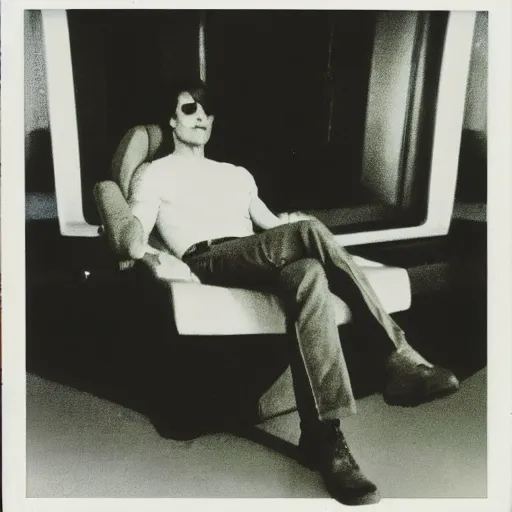 Prompt: Polaroid of Tom Cruise sitting in recliner with remote control watching tv 1983