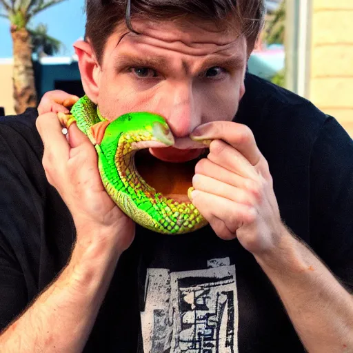 Image similar to Jerma eating a taco bell burrito like a snake, his jaw is unhinged and he has swallowed half of the burrito whole