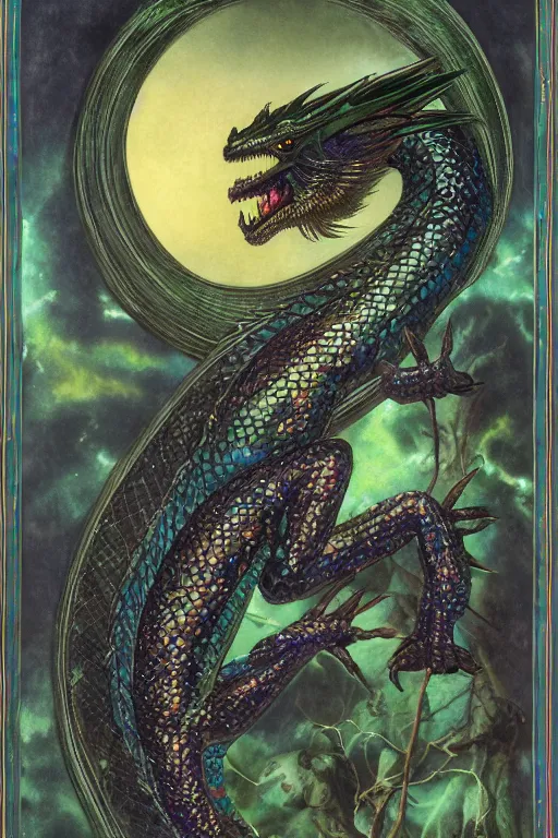 Image similar to beautiful portrait of an iridescent black dragon with the moonlight shining on its scales | bejeweled lizard | cinematic lighting | Evelyn De Morgan and John Waterhouse | pre-Raphaelites | rich colors