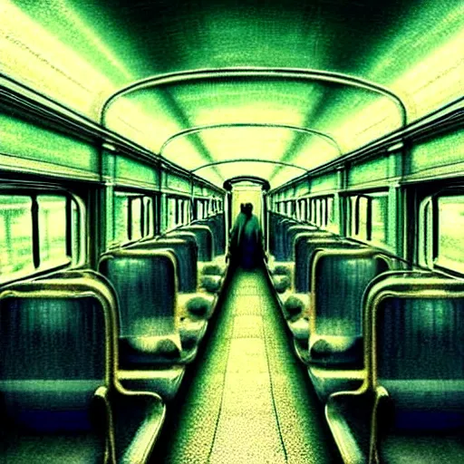 Image similar to a train filled with ethereal spirits travelling to the after life impressive scene. grainy and rough. soft colour scheme. beautiful artistic detailed digital art