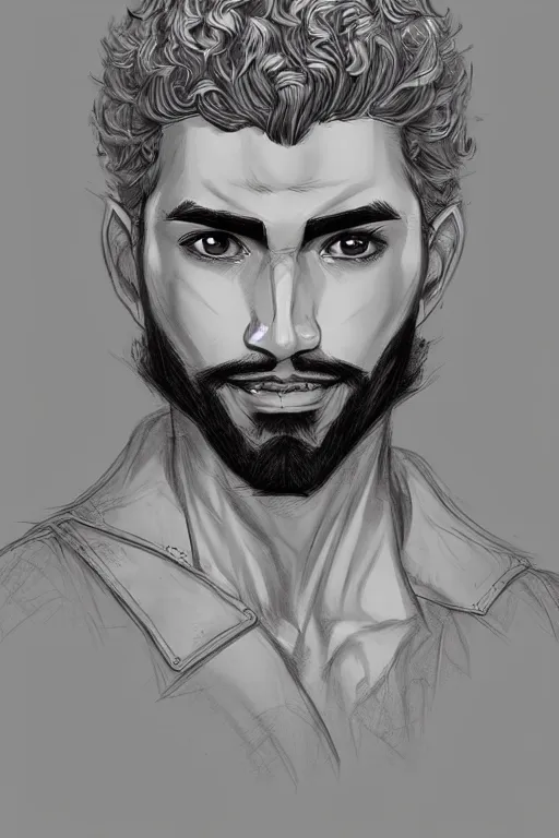 Image similar to Arab man light beard, curly hair, swordsman, modern, hero, leather , yellow and charcoal, character concept art, costume design, trending on artstation, Artgerm , WLOP