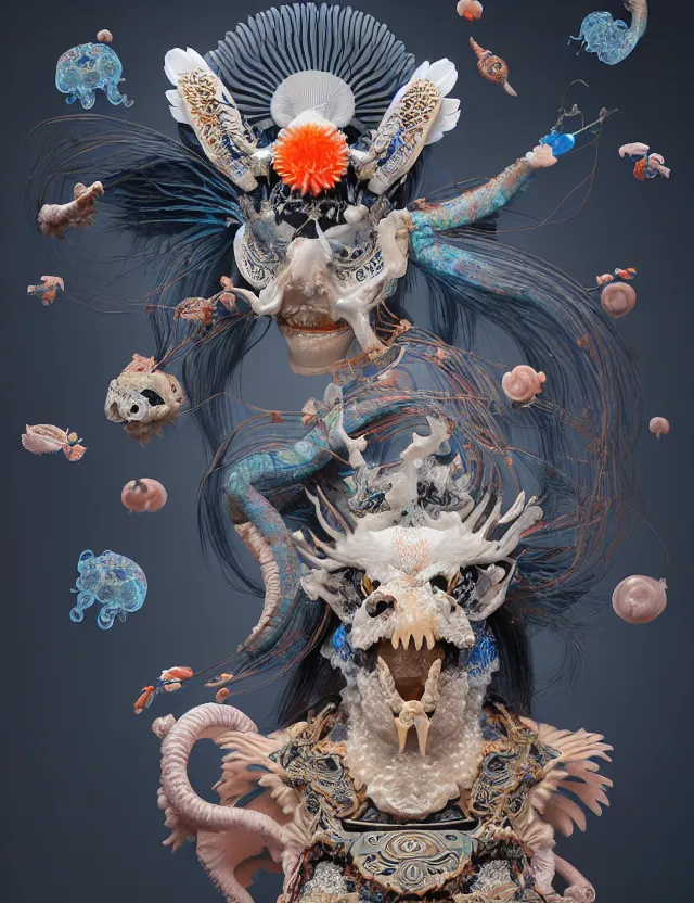 Image similar to 3 d goddess bottom - up with ram skull. beautiful intricately detailed japanese crow kitsune mask and clasical japanese kimono. betta fish, jellyfish phoenix, bio luminescent, plasma, ice, water, wind, creature, artwork by tooth wu and wlop and beeple and greg rutkowski