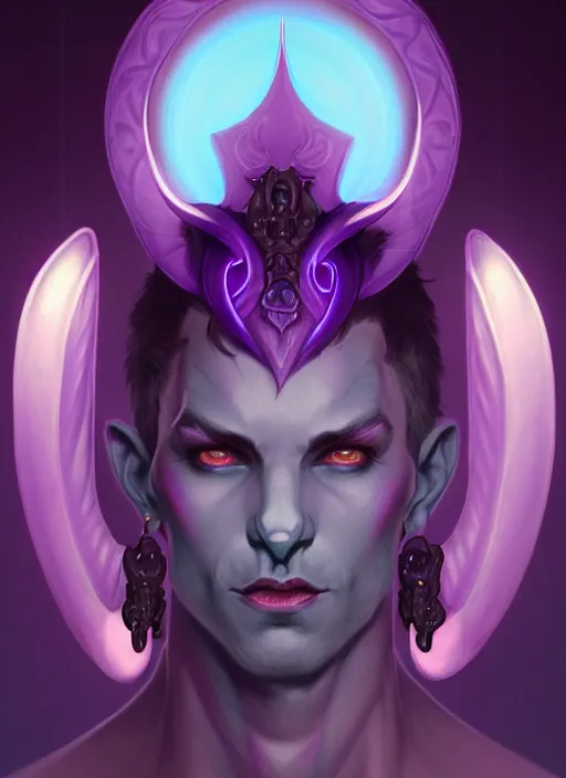 Image similar to symmetry!! portrait of a mischievous male purple and teal skinned tiefling with demon horns and piercings, glowing lights!! intricate, elegant, highly detailed, digital painting, artstation, concept art, smooth, sharp focus, illustration, art by artgerm and greg rutkowski and alphonse mucha