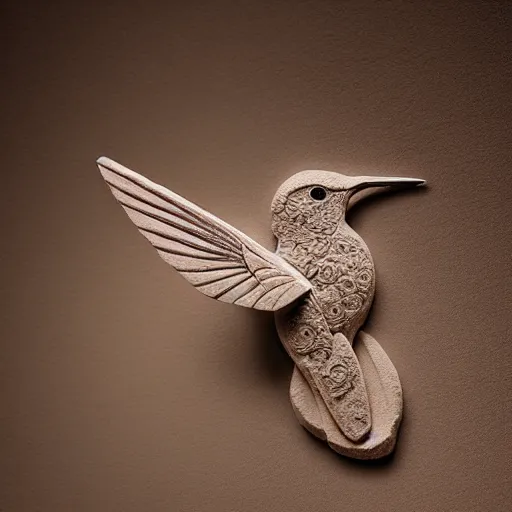 Image similar to intricate hummingbird carved from sandstone, photograph, studio lighting