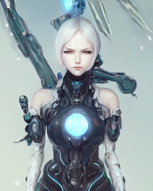 Image similar to holy cyborg necromancer girl, elegant, perfect face, scifi, futuristic, utopia, garden, illustration, atmosphere, warframe, blue eyes, white hair, artstation, nier automata, highly detailed, art by yuhong ding and chengwei pan and serafleur and ina wong