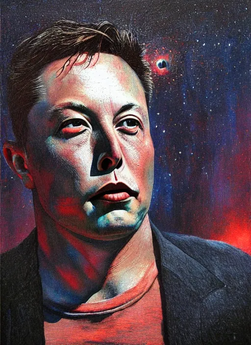 Image similar to A painting of Elon Musk in style of Beksinski. Very detailed