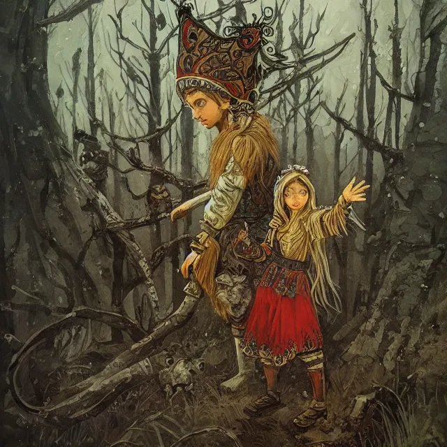 Prompt: slavic folk fairytale, story, fable, dramatic, fantasy art, an ultrafine detailed painting, academic art, ornate, inticate, elegant, sharp focus, artstation, by pavel korin, viktor vasnetsov