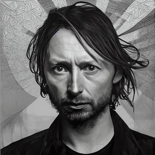 Prompt: hyper realistic portrait of similar version thom yorke shorter hair variations singer songwriter ok computer, ( side ) profile, liminal space, by lee bermejo, alphonse mucha and greg rutkowski