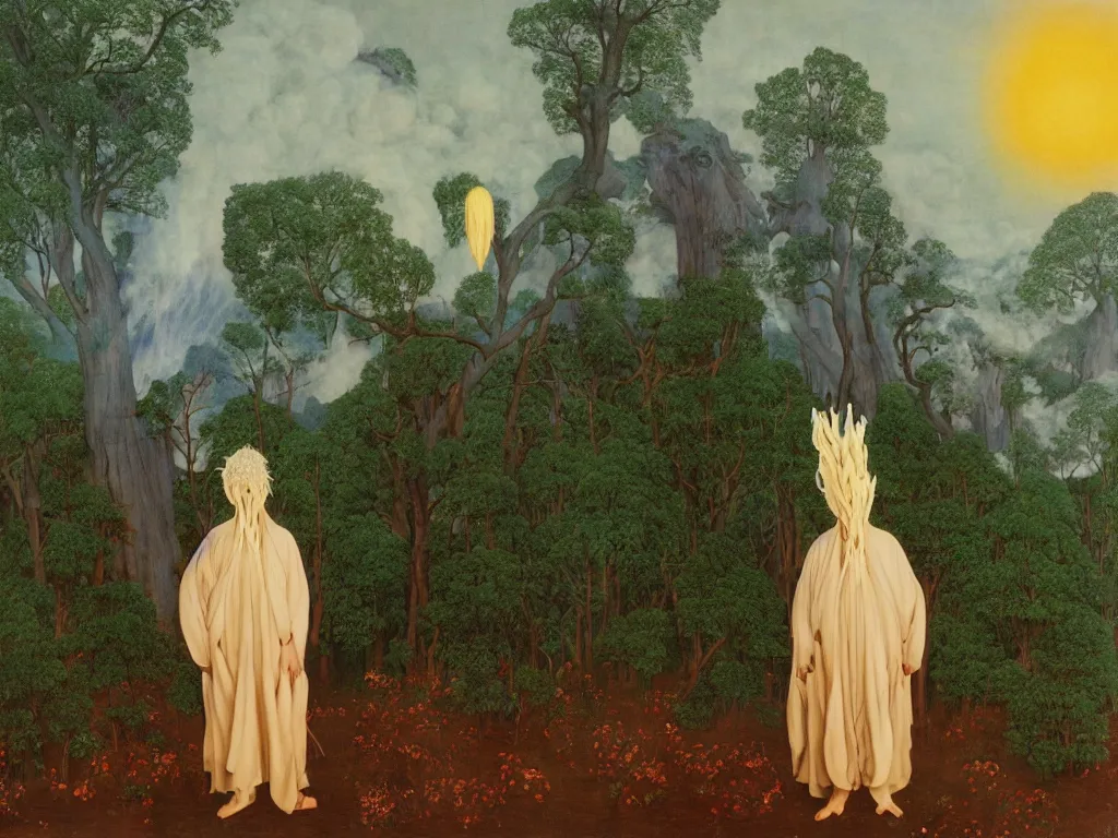 Prompt: albino mystic, with his back turned, with exotic beautiful chrysanthemum looking at a giant Sequoia forest burning with fire in the distance. Painting by Jan van Eyck, Audubon, Rene Magritte, Agnes Pelton, Max Ernst, Walton Ford