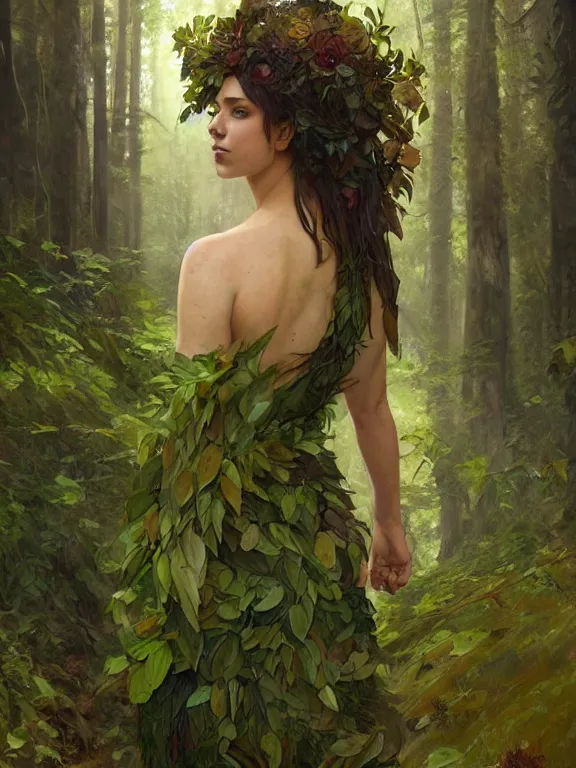 Prompt: portrait of a forest mage, female, dress made of green leaves, gorgeous, green hair, brown skin, curves, forest background, matte painting, artgerm and greg rutkowski and alphonse mucha