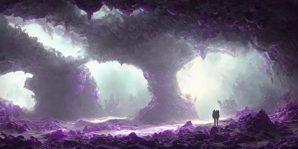 Image similar to zoomed out landscape, beautiful hyper realistic zergling tunnel in cave of purple crystals, beautiful painting by greg rutkowski, atmosphere, ethereal, magic, amazing, positive vibes