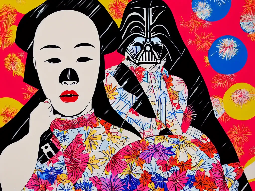 Prompt: hyperrealistic composition of the detailed woman in a japanese kimono sitting at a poker table with darth vader, fireworks, waves in the ocean with mountains in the background, pop - art style, jacky tsai style, andy warhol style, acrylic on canvas